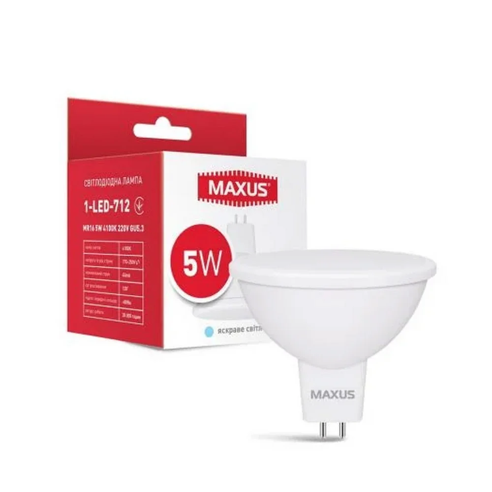 Лампа світлодіодна MAXUS MR16 5W GU5.3 4100K ( 1-LED-712 )