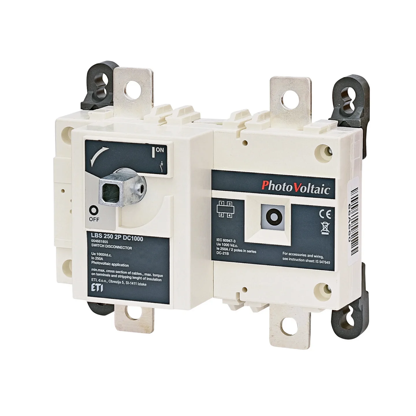 Вимикач навантаження LBS 250 2P DC1000 "1-0" 250A 1000V DC ЕТІ ( 4661855 )