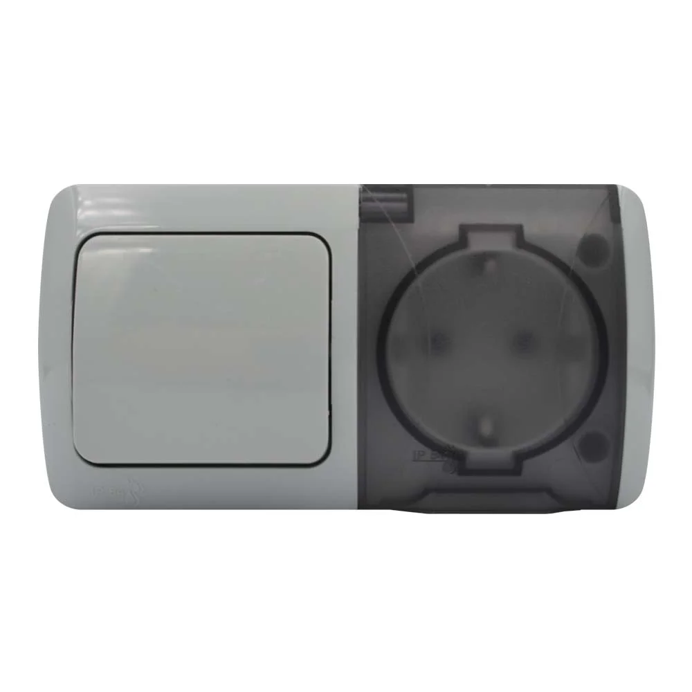 Вимикач EVA сірий 1кл + Розетка з заземленням з кришкою IP54 ( 554-011500-920 )
