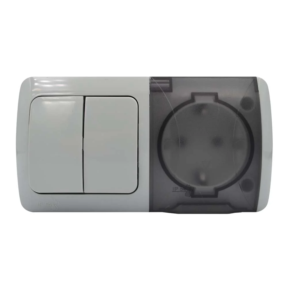 Вимикач EVA сірий 2кл + Розетка з заземленням з кришкою IP54 ( 554-011500-922 )