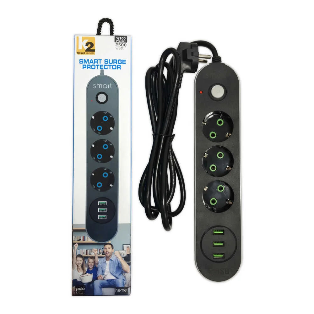 Подовжувач 3р 2м з заземленням вимикачем та 3хUSB 2.0 (2A) чорний K2 ( KGS03 )